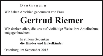 Traueranzeige von Gertrud Riemer  von Magdeburger Volksstimme