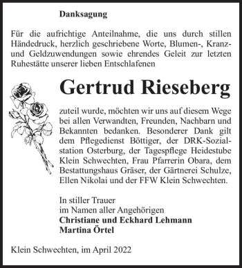 Traueranzeige von Gertrud Rieseberg  von Magdeburger Volksstimme