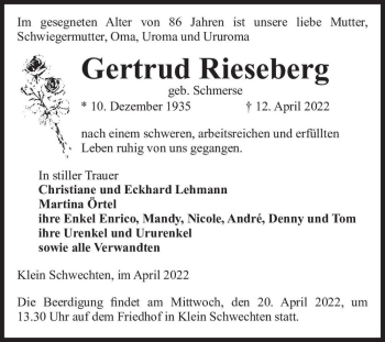 Traueranzeige von Gertrud Rieseberg (geb. Schmerse)  von Magdeburger Volksstimme