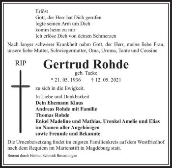 Traueranzeige von Gertrud Rohde (geb. Tacke)  von Magdeburger Volksstimme