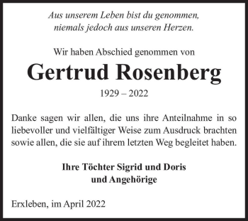 Traueranzeige von Gertrud Rosenberg  von Magdeburger Volksstimme