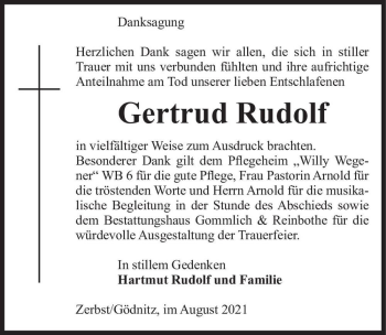 Traueranzeige von Gertrud Rudolf  von Magdeburger Volksstimme