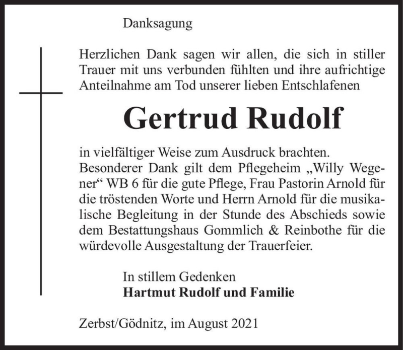  Traueranzeige für Gertrud Rudolf  vom 04.09.2021 aus Magdeburger Volksstimme