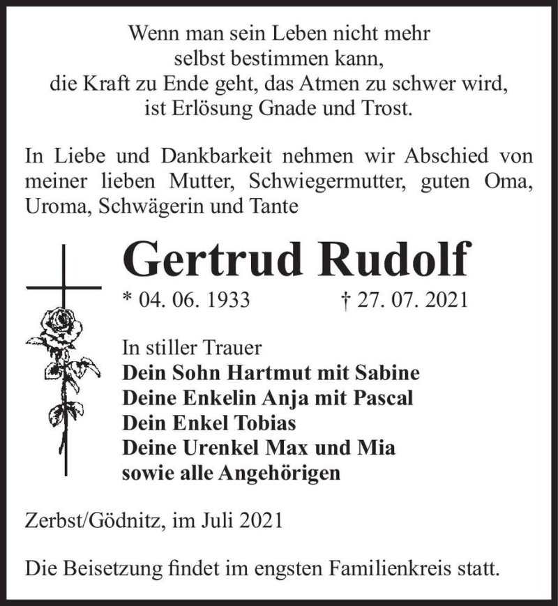  Traueranzeige für Gertrud Rudolf  vom 07.08.2021 aus Magdeburger Volksstimme