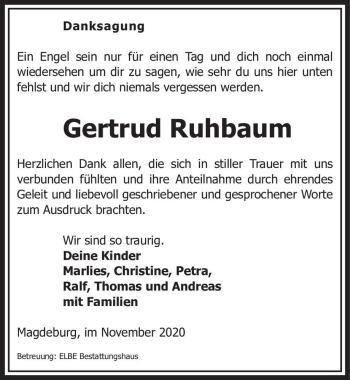 Traueranzeige von Gertrud Ruhbaum  von Magdeburger Volksstimme