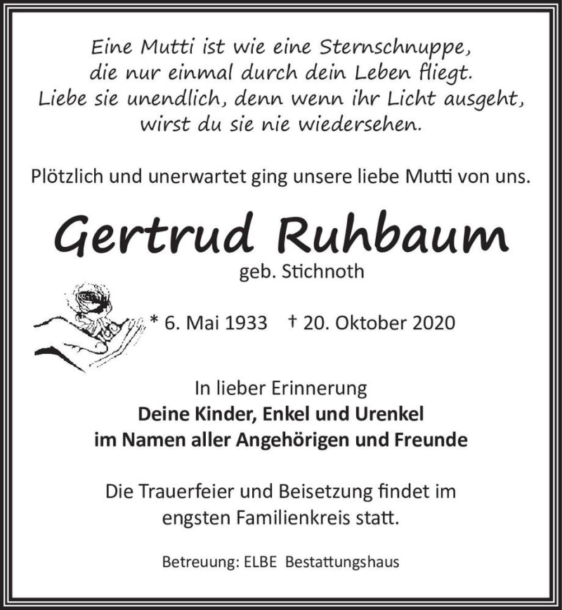  Traueranzeige für Gertrud Ruhbaum (geb. Stichnoth)  vom 24.10.2020 aus Magdeburger Volksstimme