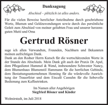 Traueranzeige von Gertrud Rösner  von Magdeburger Volksstimme