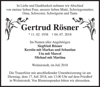 Traueranzeige von Gertrud Rösner  von Magdeburger Volksstimme