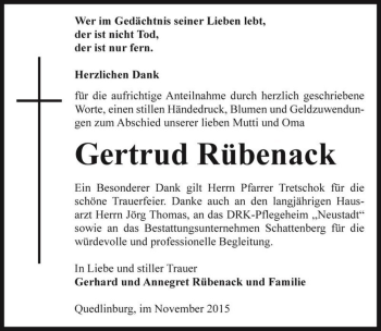 Traueranzeige von Gertrud Rübenack  von Magdeburger Volksstimme