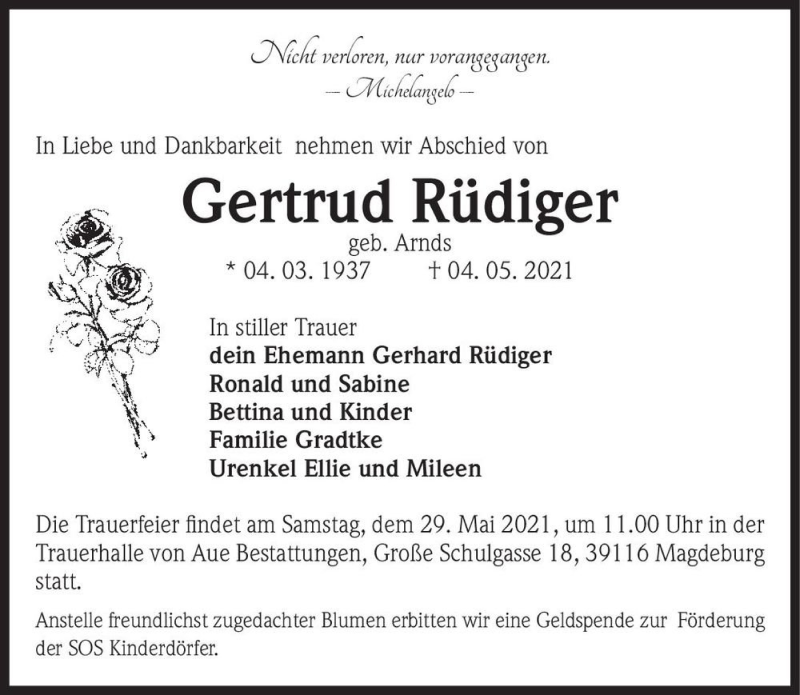  Traueranzeige für Gertrud Rüdiger (geb. Arnds)  vom 15.05.2021 aus Magdeburger Volksstimme