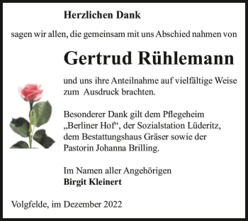 Traueranzeige von Gertrud Rühlemann  von Magdeburger Volksstimme