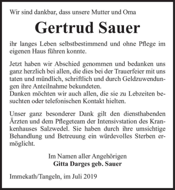 Traueranzeige von Gertrud Sauer  von Magdeburger Volksstimme