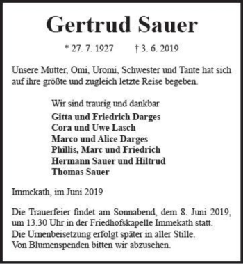 Traueranzeige von Gertrud Sauer  von Magdeburger Volksstimme
