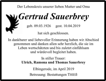 Traueranzeige von Gertrud Sauerbrey  von Magdeburger Volksstimme
