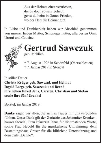 Traueranzeige von Gertrud Sawczuk (geb. Mehlich)  von Magdeburger Volksstimme