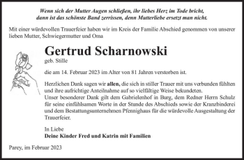 Traueranzeige von Gertrud Scharnowski (geb. Stille)  von Magdeburger Volksstimme