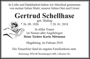 Traueranzeige von Gertrud Schellhase (geb. Höding)  von Magdeburger Volksstimme