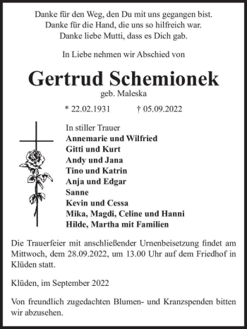 Traueranzeige von Gertrud Schemionek (geb. Maleska)  von Magdeburger Volksstimme