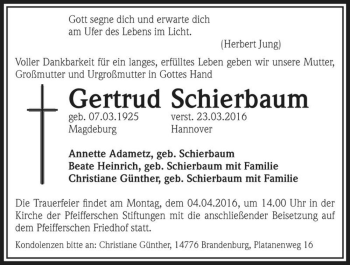 Traueranzeige von Gertrud Schierbaum  von Magdeburger Volksstimme