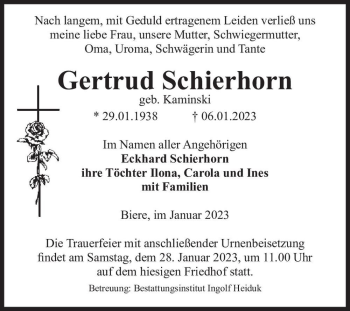 Traueranzeige von Gertrud Schierhorn (geb. Kaminski)  von Magdeburger Volksstimme