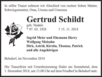Traueranzeige von Gertrud Schildt (geb. Nadale)  von Magdeburger Volksstimme