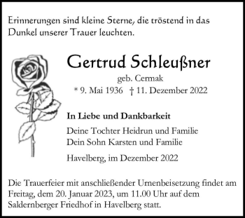 Traueranzeige von Gertrud Schleußner (geb. Cermak)  von Magdeburger Volksstimme