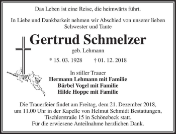 Traueranzeige von Gertrud Schmelzer (geb. Lehmann)  von Magdeburger Volksstimme
