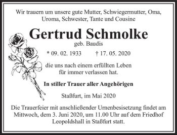 Traueranzeige von Gertrud Schmolke (geb. Baudis)  von Magdeburger Volksstimme