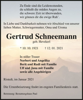 Traueranzeige von Gertrud Schneemann (geb. Hevekerl)  von Magdeburger Volksstimme