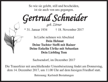 Traueranzeige von Gertrud Schneider (geb. Zörner)  von Magdeburger Volksstimme