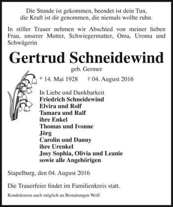 Traueranzeige von Gertrud Schneidewind (geb. Germer)  von Magdeburger Volksstimme