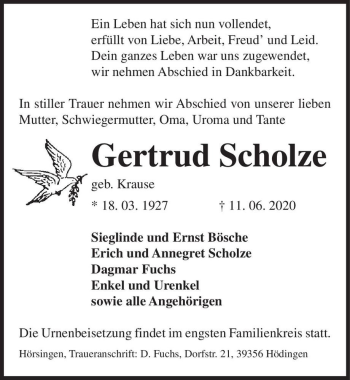 Traueranzeige von Gertrud Scholze (geb. Krause)  von Magdeburger Volksstimme