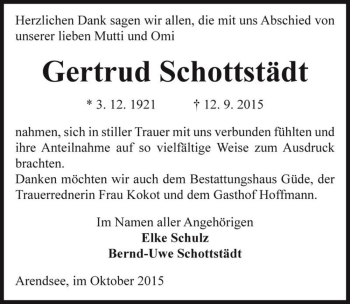 Traueranzeige von Gertrud Schottstädt  von Magdeburger Volksstimme
