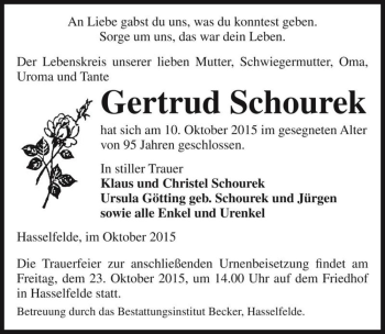 Traueranzeige von Gertrud Schourek  von Magdeburger Volksstimme