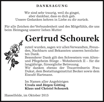 Traueranzeige von Gertrud Schourek  von Magdeburger Volksstimme