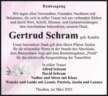 Traueranzeige von Gertrud Schram (geb. Kaaden)  von Magdeburger Volksstimme