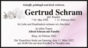 Traueranzeige von Gertrud Schram (geb. Kaaden)  von Magdeburger Volksstimme