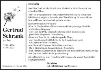 Traueranzeige von Gertrud Schrank (geb. Ihlo)  von Magdeburger Volksstimme