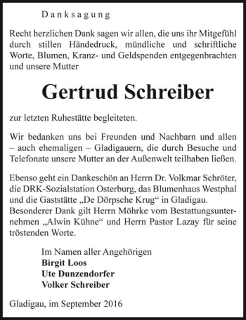 Traueranzeige von Gertrud Schreiber  von Magdeburger Volksstimme