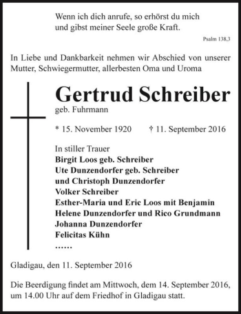 Traueranzeige von Gertrud Schreiber (geb. Fuhrmann)  von Magdeburger Volksstimme