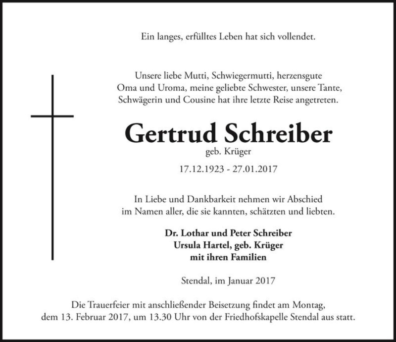  Traueranzeige für Gertrud Schreiber (geb. Krüger)  vom 28.04.2017 aus Magdeburger Volksstimme
