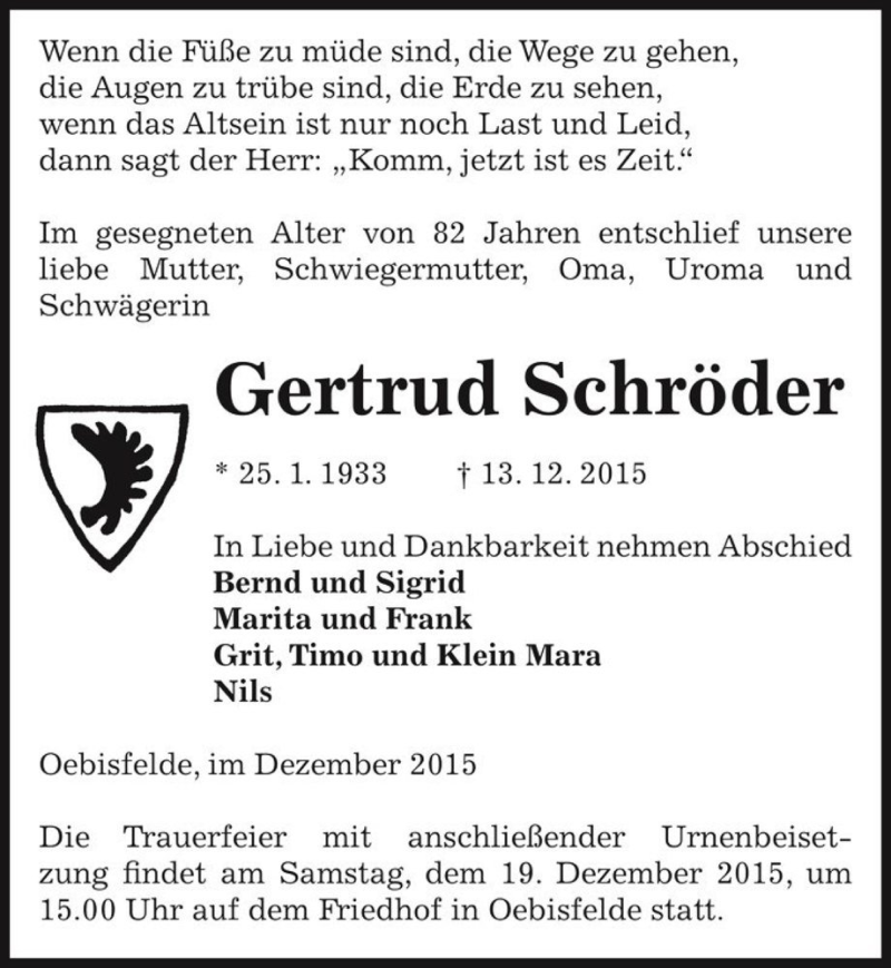  Traueranzeige für Gertrud Schröder  vom 17.12.2015 aus Magdeburger Volksstimme