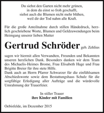Traueranzeige von Gertrud Schröder (geb. Zehlius)  von Magdeburger Volksstimme