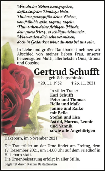 Traueranzeige von Gertrud Schufft (geb. Schapschinskie)  von Magdeburger Volksstimme