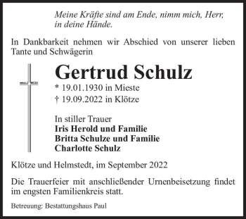 Traueranzeige von Gertrud Schulz  von Magdeburger Volksstimme