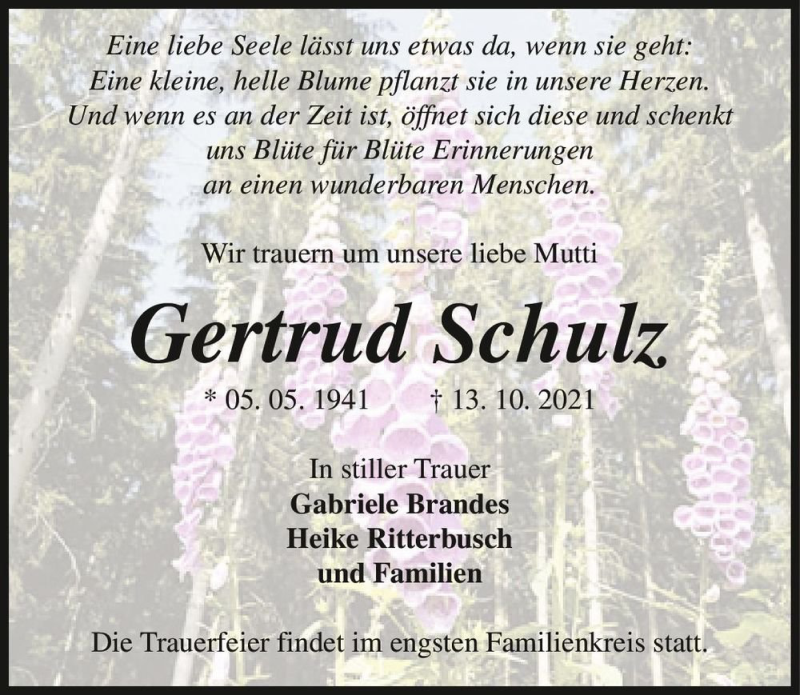  Traueranzeige für Gertrud Schulz  vom 23.10.2021 aus Magdeburger Volksstimme