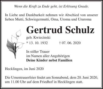 Traueranzeige von Gertrud Schulz (geb. Kwiecinski)  von Magdeburger Volksstimme