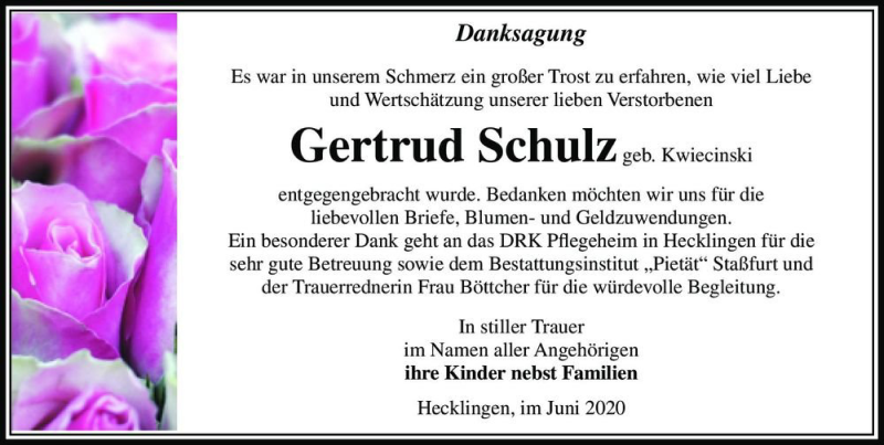  Traueranzeige für Gertrud Schulz (geb. Kwiecinski)  vom 27.06.2020 aus Magdeburger Volksstimme
