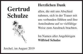 Traueranzeige von Gertrud Schulze  von Magdeburger Volksstimme