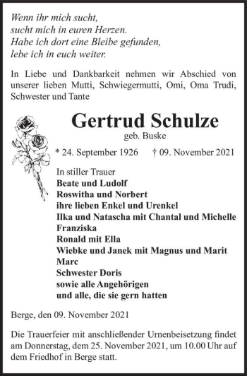 Traueranzeige von Gertrud Schulze (geb. Buske)  von Magdeburger Volksstimme